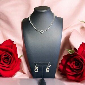 Dainty‎ Rhinestone Necklace And Love Drop Earrings Set Elegant Valentines Chic